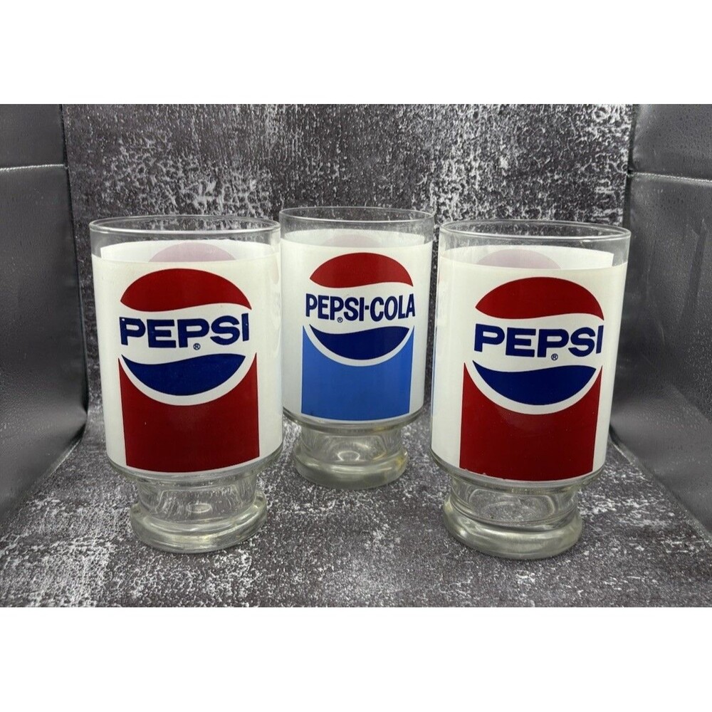 Set Of 3 Vtg Footed Pepsi Cola 12oz Glass Tumblers